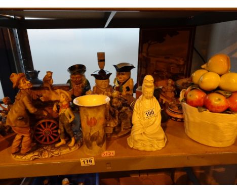 Shelf of mixed items including clock glassware ceramics paperweight etc