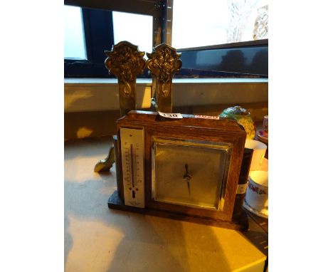 Art Deco oak case vintage barometer thermometer and a pair of brass firedogs
