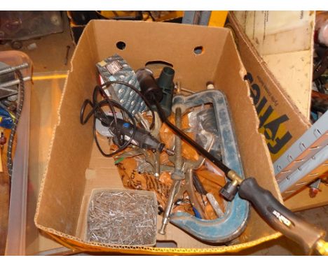 Box of mixed tools including clamps