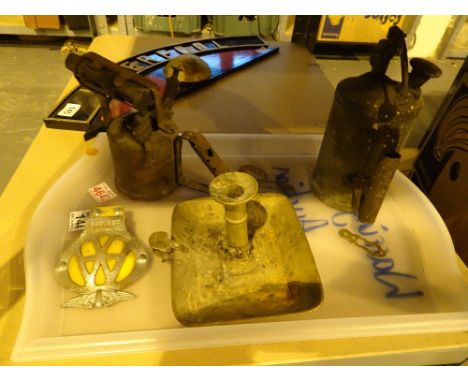 Two brass burners and brass candlestick etc
