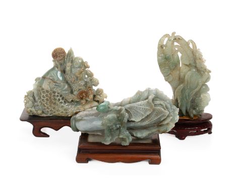 A GROUP OF THREE LARGE JADE CARVINGS
Comprising: a finger citron; a cabbage with an insect perched on top and a group with a 