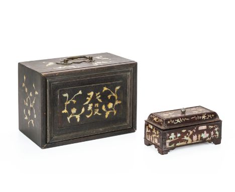 TWO MOTHER OF PEARL INLAID WOOD BOXES
Comprising a Mahjong box (no tiles), with slide to front and four internal drawers; and