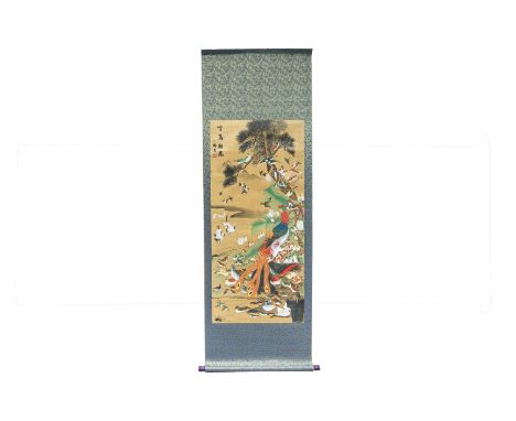 A CHINESE '100 BIRDS' SCROLL PAINTING
Ink and colour on paper, inscribed and with seal upper left, scroll backing
Provenance: