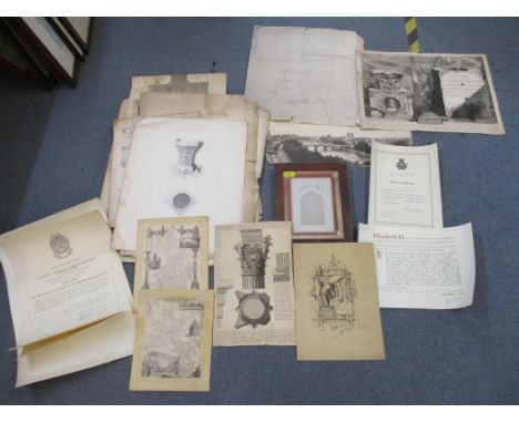 A mixed lot of architectural prints, plans and other items to include certificates qualifying for the Royal Institute of Brit