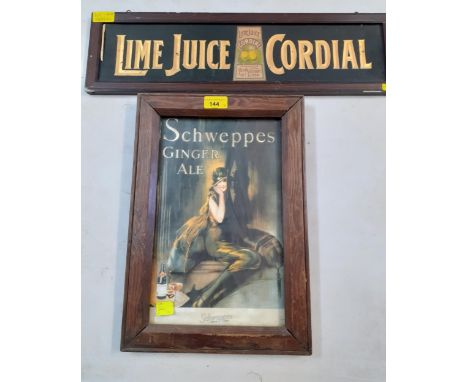 A vintage Lime Juice Cordial cardboard sign, framed, and a Schweppes Ginger Ale framed advertisementLocation: 