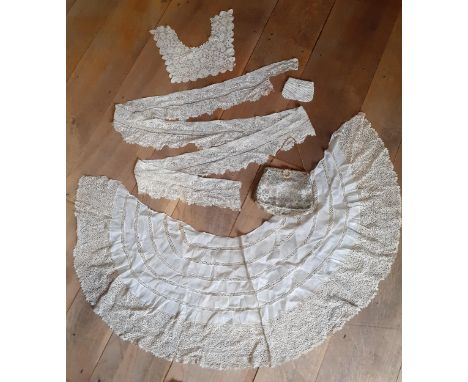 Three examples of 19th Century crotchet lace to include an Irish cream lace collar, a length of insertion and a shawl togethe