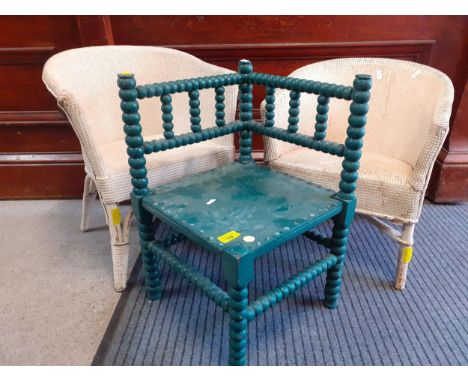 A mid 20th century green painted bobbin turned child's corner chair together with a pair of child's cream painted Thorens mov