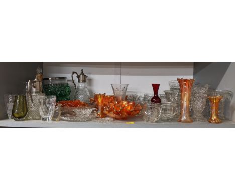 A selection of glassware to include Carnival ware, claret jug, decanter, Whitefriars vase and other itemsLocation: 