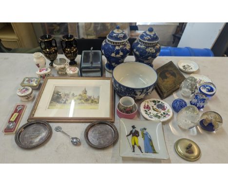 A mixed lot to include a pair of 20th century Chinese Prunus pattern baluster vases A/F, mixed paper weights, trinket boxes A