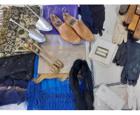 A small quantity of fashion accessories to include mid 20th Century gloves, shoe cleaning brushes, scarves and wraps, shoe st