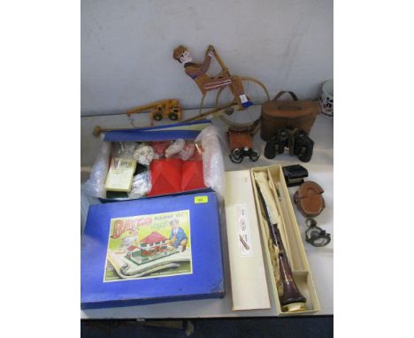 A lot to include Bayko building set, boxed Adler Blockflote, Looping dressing table clock, Carl Zeiss Jena Silvarem 6 x leath