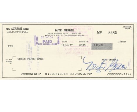 Mitzi Gaynor signed cheque. American actress, singer, and dancer. Notable films included There's No Business Like Show Busine