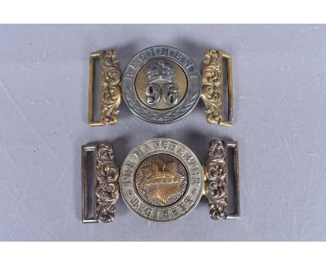 Two Victorian bi-metal belt buckles, one for the 96th Regiment of Foot, the other for The Manchester Regiment, 18.5cm wide, t