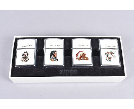 American Indian, a four Zippo lighter set, with applied panels with different American Indians, dated 1995 (4),Unused, UK pos