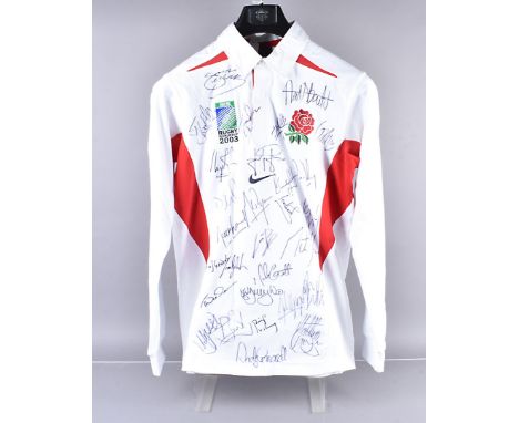 England 2003 Rugby World Cup Winners signed shirt, comprising are Iain Balshaw, Ben Cohen, Josh Lewsey, Dan Luger, Jason Robi
