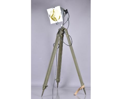 A WWII New Zealand Signal tripod with later reproduction light, the tripod with plaque, Stand Inst No.17 MKII, Radio Ltd 1942