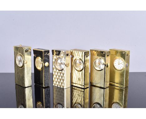 Six yellow metal watch lighters, including Foska, Buler, Sorna, and Rivo, five with engine turned decoration (6), no postal s