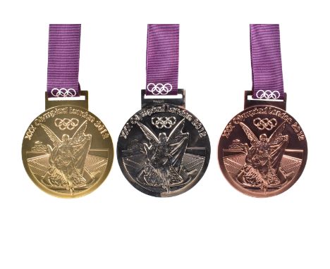 2012 London Olympic medals, possibly reproduction, designed by David Watkins, with winged Nike over Panathinaikon Stadium, wi