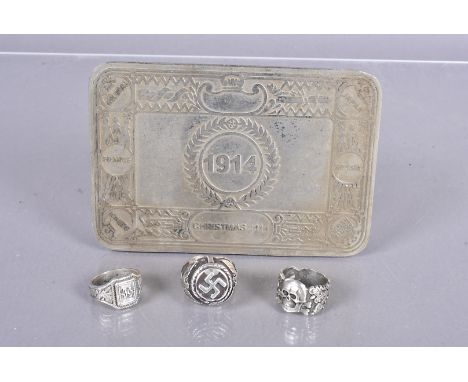 Three Third Reich Rings, comprising of an SS Anti Partisan Ring, stamped RZM ZZ Berlin 900, an SS ring and another, together 