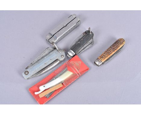 Two jack knives, together with a hunting knife, a multi-tool and a cut throat razor (parcel) 