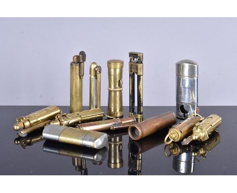 A selection of War Period and Trench Art lighters, including an example stamped L'Aquilon, some possibly later examples (parc