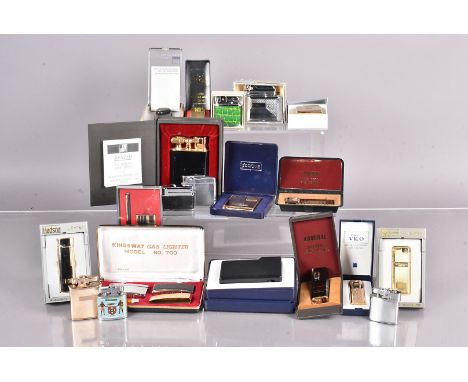 A collection of various pocket and other lighters, including a Mosda Streamline table lighter, Hadsons, Mosda 500, Ibelo, Sar