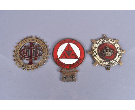 Three British and Overseas Car badges, including a British Institute of Advanced Motorists for Bryan Booth 700s, a Belgium Ro
