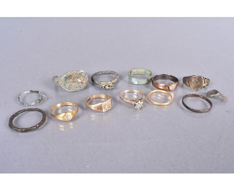 A collection of Roman and later rings, to include a Victorian 22ct gold band, 1.2g, an 18ct gold diamond ring, 2.3g, a 9ct go