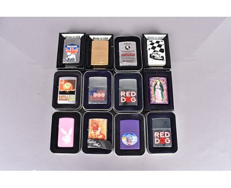 An assortment of Zippo lighters, various ages and designs, including Motor Racing, Smiley, Tattoo Art, Religious and more (pa