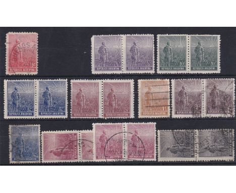 Argentina 1911 definitive SG 395, 401-402, 404 m/m pairs, SG 396, 397 pair, 402, 405 pairs x2 &amp; 406 pair used. Cat value 
