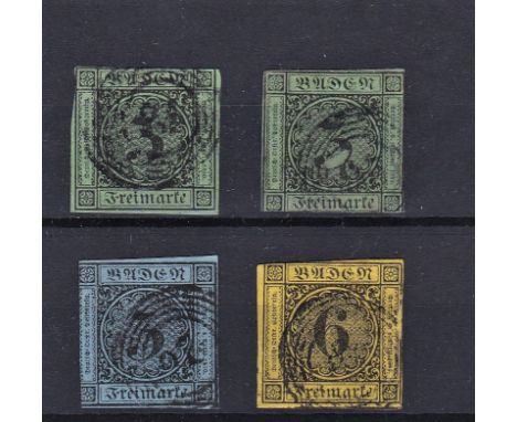 German States Baden 1853-58 Definitives SG 9 used 3k x2, 10 used 3k and 11 used 6k. Cat value £120