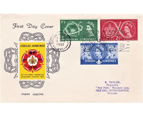 Great Britain FDC 1957 (August 1st) Scout Jubilee Jamboree Illustrated First Day Cover, fine Jamboree, Sutton Coldfield, Slog