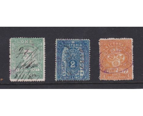 Australia (Victoria) 1884-1896 Stamp Duty Issues 1d yellowish-green (portrait of Queen Victoria) 2/- deep-blue and 4/- red-or