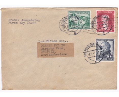 Germany 1949 Birth bicentenary of Goethe (Poet) set SG 148/50, Mi 108/110) on first day cover, DM2000