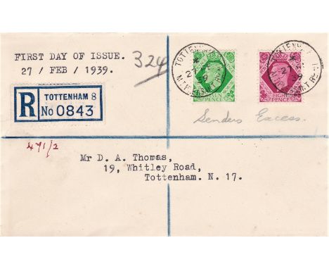 Great Britain FDC 1939 (Feb 27th) 7d Emerald-green and 8d Carmine on one cover FDC, Registered Tottenham. Scarce, Cat £70