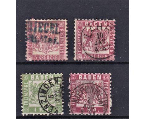 German States Baden 1862 &amp; 1868 Definitives SG 28-29 3k fine used and SG 39 1k fine used with SG 42 3k fine used. Cat £40