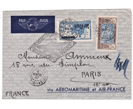 French Colonies Ivory Coast 1937 Aeromaritime and Air France First Flight cover to Paris - very fine