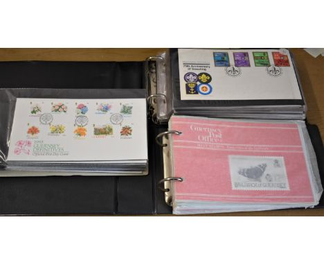 Guernsey 1982-1993, A collection of packs &amp; First Day Covers in three albums, values to £2. Several Alderney (100+)