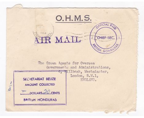 British Honduras 1963 - O.H.M.S envelope, Belize to London airmail L/S is purple, Official Paid Official Secretary British Ho