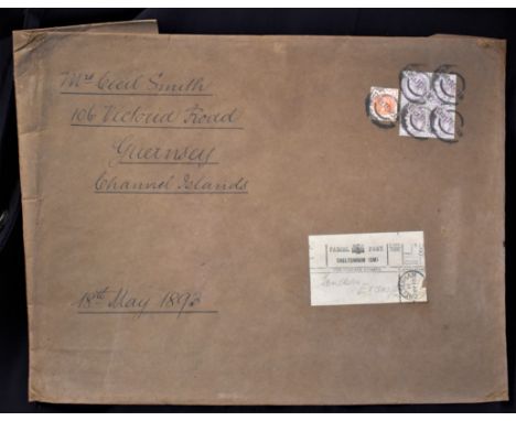 Great Britain 1893 Parcel Post Envelope (large) Cheltenham to Guernsey with Cheltenham Parcel Post label (very fine) and Parc
