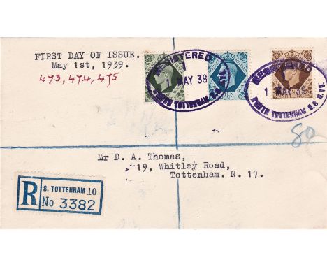 Great Britain 1939 (May 1st) 9d Olive-green, 10d turquoise-blue and 1/- bistre-brown on one First Day Cover, Registered Totte