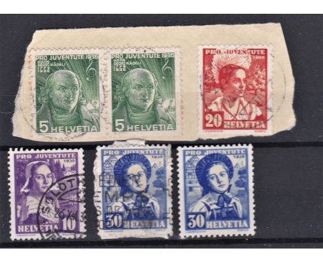 Switzerland 1936 Children's Fund SG J76-J79 used set, J79 damaged 30c damaged r/t side SG J79 u/m. Cat 60+