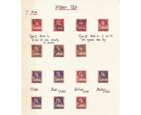 Switzerland 1914-1933 William Tell, 7 pages with colour variations and print variations, page SG 278 used x2 Michel 118I, SG 