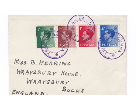 Tristan Da Cunha 1936 Envelope to England with King Edward VIII set of four with clear cachets type C5 with break in inner ri