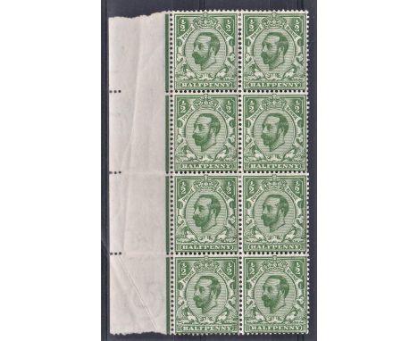 Great Britain 1911 Downey Head 1/2d deep green, SG N1(3) marginal mint block of eight. Fresh light creases. Cat £400 (8)