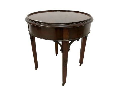 Georgian Chippendale design mahogany side table, circular top with raised edge over plain frieze, on square supports with C-s