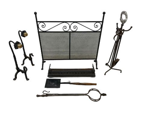 Collection of fireside accessories - fireside tools on stand (H92cm); fire dogs or andirons with rose cast terminals and glob