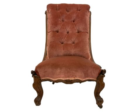 William IV walnut framed nursing chair, scrolled cresting rail with acanthus leaf decoration, upholstered in buttoned pale pi