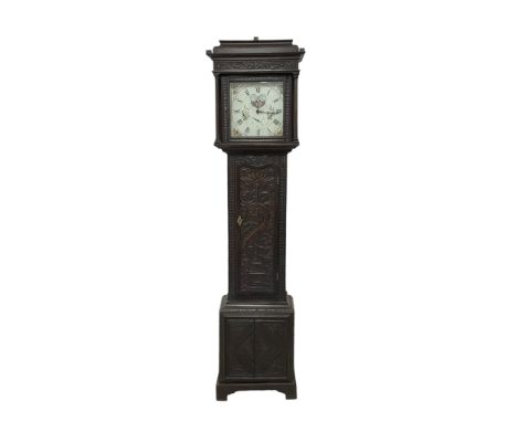 Pearson of Halifax - 30-hour carved oak longcase clock c 1790, with a caddy top and carved frieze beneath, square hood door f