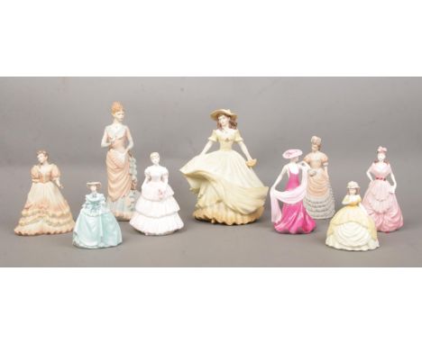 A collection of Coalport ceramic and resin figurines, including Queen Charlottes Ball, Cordelia, Age of Elegance Tea Dance an